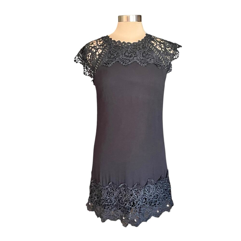 Andree by Unit Black Gauzy Sheath Dress White Lace Trim Sz MED Whimsygoth Grunge